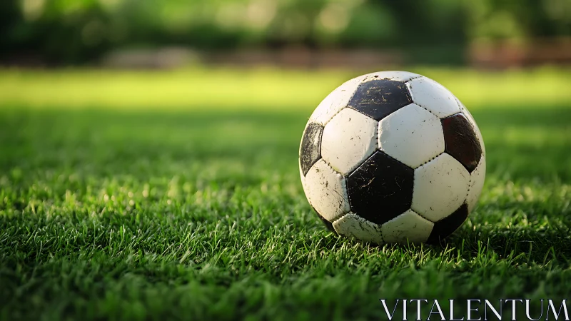Weathered black and white soccer ball on green grass field.