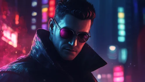 Neon drenched loner stalks through glitch kissed city haze