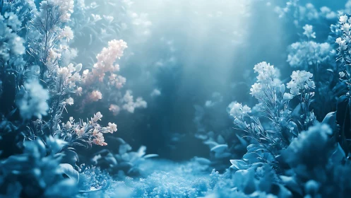 Lush blue-toned flower bed fills a misty, softly lit clearing