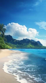 Tropical beach paradise with dramatic mountain backdrop.