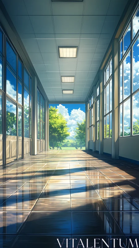 Sunlit school corridor shows reflective tiled floor