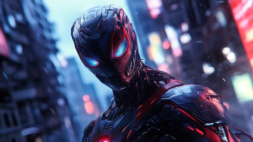 Neon city sentinel robot pausing in the electric night glow.