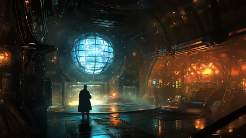 Silhouette stands in industrial control room facing blue orb
