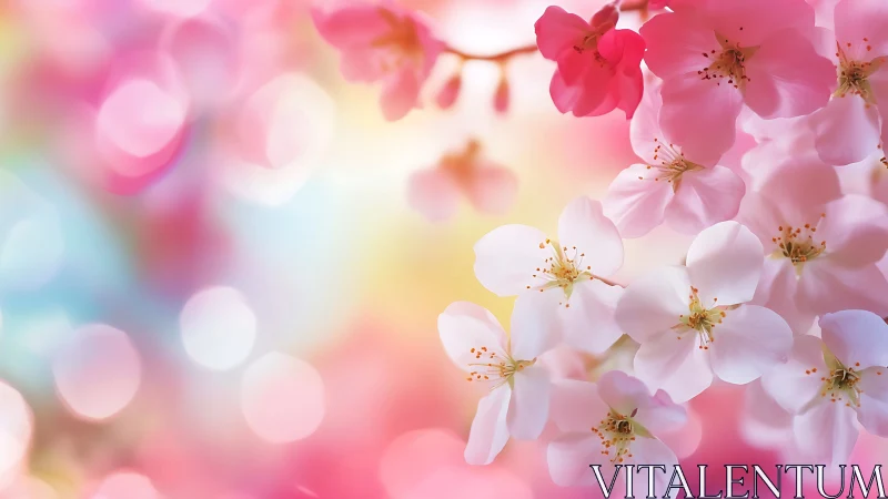 Pink Cherry Blossoms in Soft Focus Garden Scene.