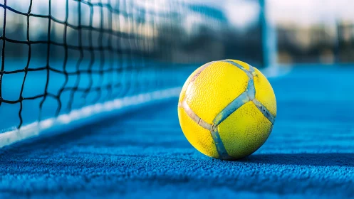 Bright yellow court ball resting by a calm blue net.