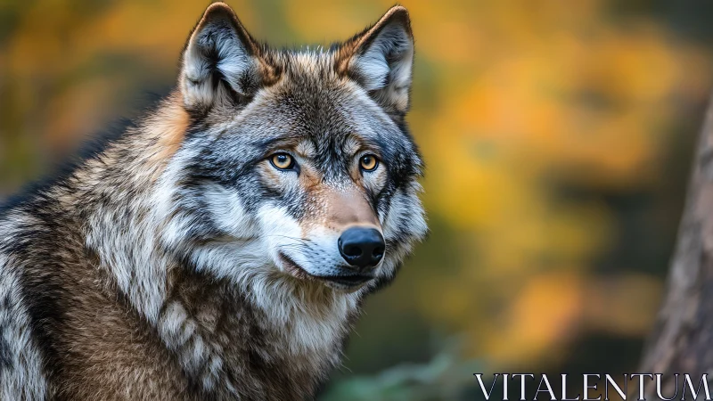 Telephoto portrait of gray wolf against autumn bokeh forest
