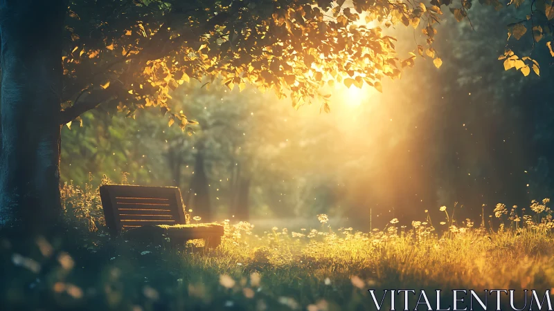 Backlit wooden park bench under golden hour forest canopy