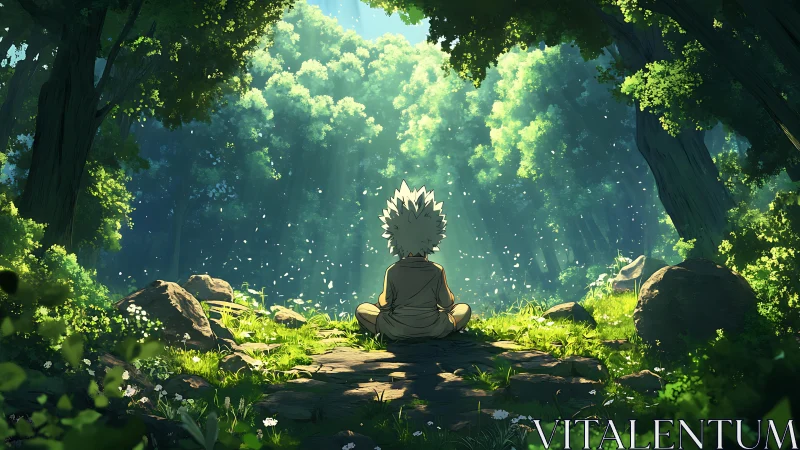 Solitary child meditates quietly in a glowing forest clearing.