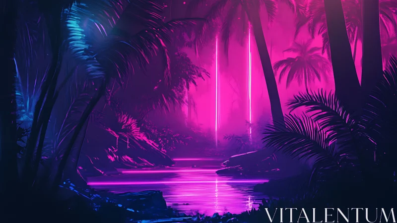Neon jungle river glows under dreamy pink and purple light