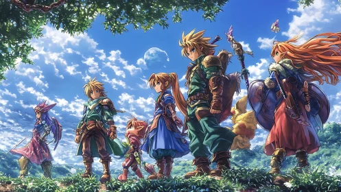 Skybound fellowship strides through windswept emerald valleys.