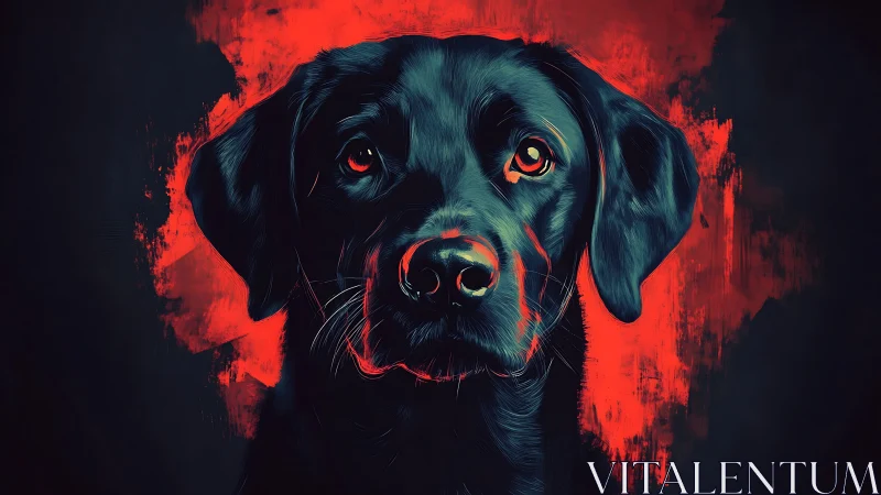 Gentle black lab portrait glowing in bold red brushstrokes.