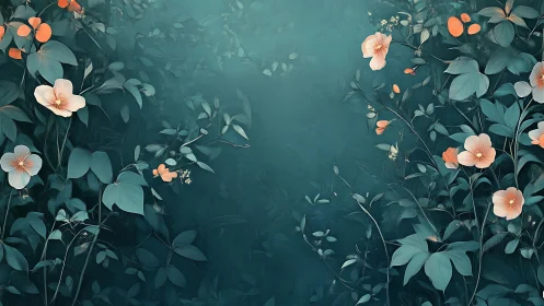 Teal Garden Blooms Floral Composition Abstract Art.