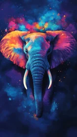 Chromatic elephant portrait emerging from cosmic nebulae.