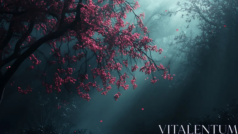 Twilight mist cradles a crimson blossom canopy in silence