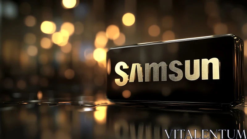 High-gloss Samsung logo block with golden bokeh reflections
