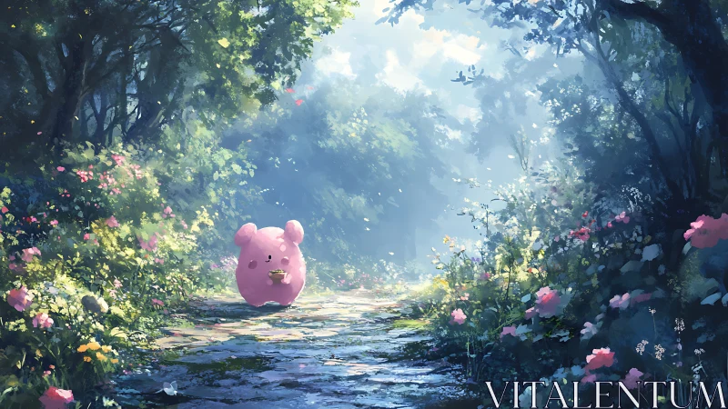 Pink creature wanders a sunlit forest path in gentle bloom