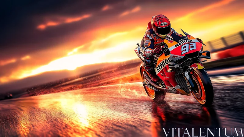 Sunset slicks and a firebright MotoGP rocket in flight.