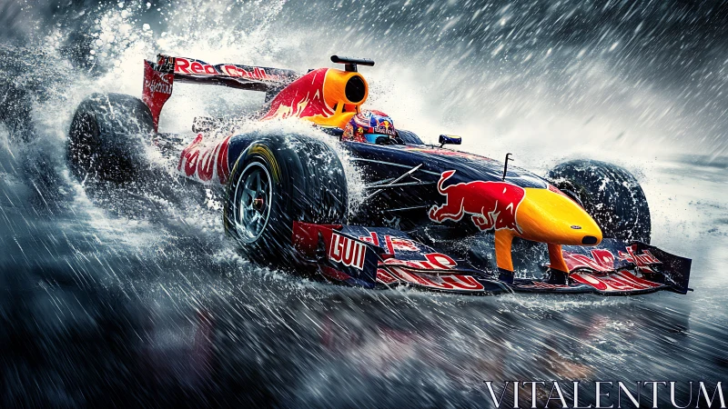 Formula One car cutting through heavy rain spray at speed.