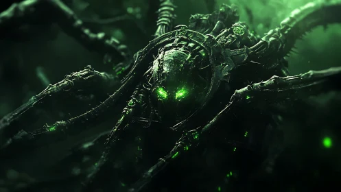 Cybernetic spider horror with glowing green core emerges.