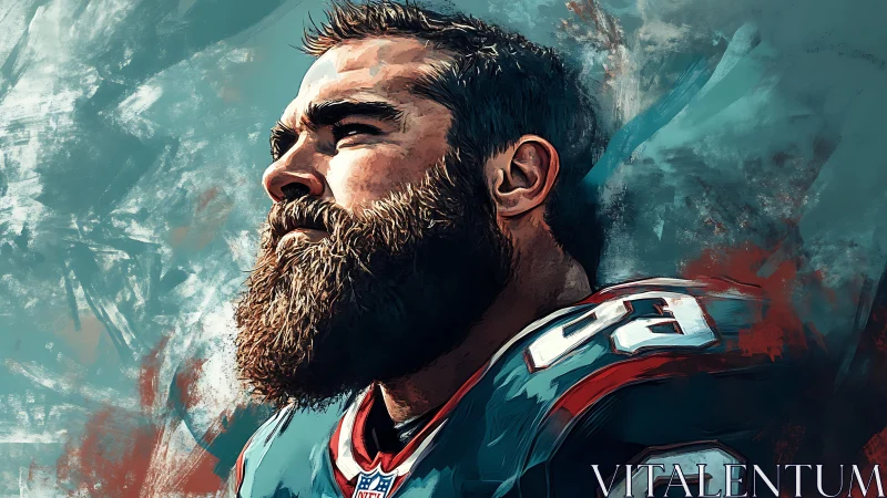 Profile portrait of bearded football player in uniform.