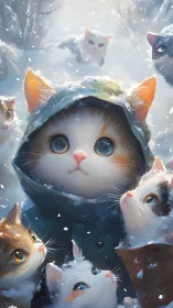 Anthropomorphic feline ensemble rendered with stylized volumetric lighting and particle effects