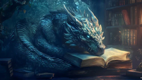 Mystic sapphire dragon studying an ancient glowing grimoire.
