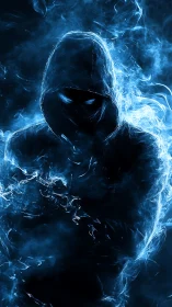 Hooded phantom forged from electric blue spectral smoke.