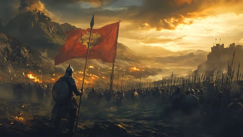 Armored vanguard surveys burning valley before fortified citadel