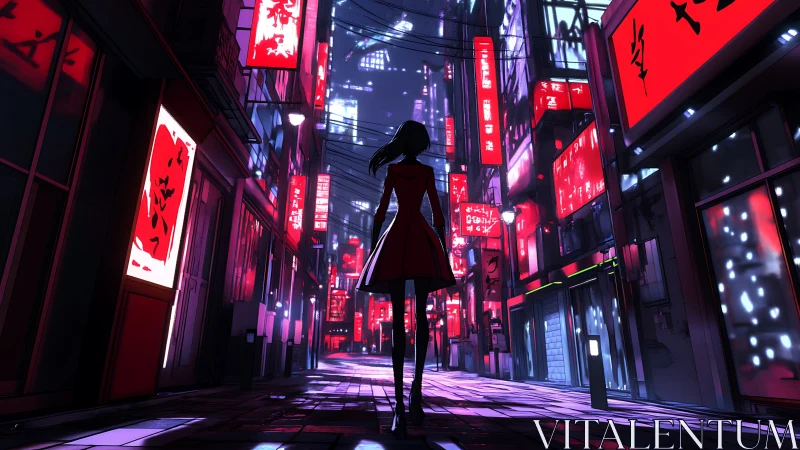 Neon alley wanderer stalks a cyber-lit midnight cityscape.