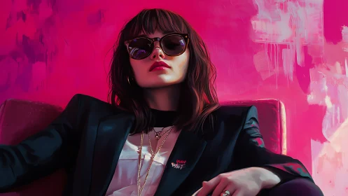 Stylized portrait of seated woman in blazer against neon pink field