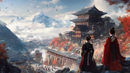 Samurai overlook mountain temple and valley cityscape.