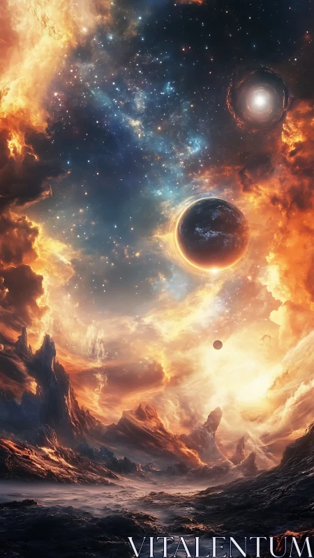 Cosmic inferno landscape with planets and nebular sky digital painting.