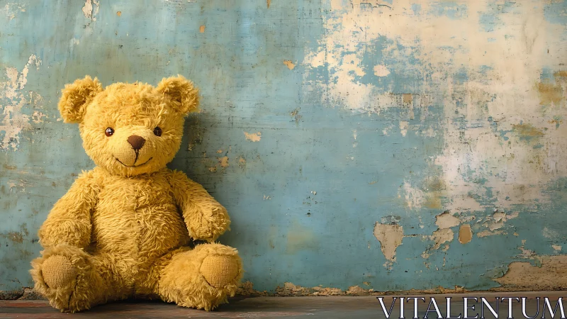 Golden teddy daydreams against a weathered turquoise wall.