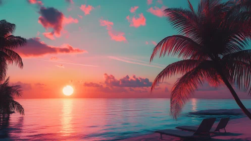 Neon sunset escape by the sea with dreamy palm silhouettes.