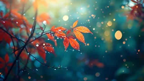 Firefly dusk on scarlet leaves in a dreamlit woodland hush.