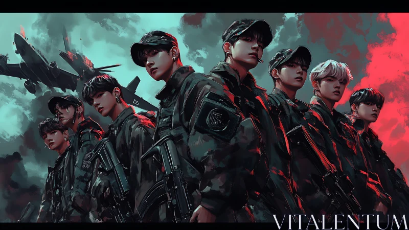 Storm-lit squad of young soldiers under streaked skies.