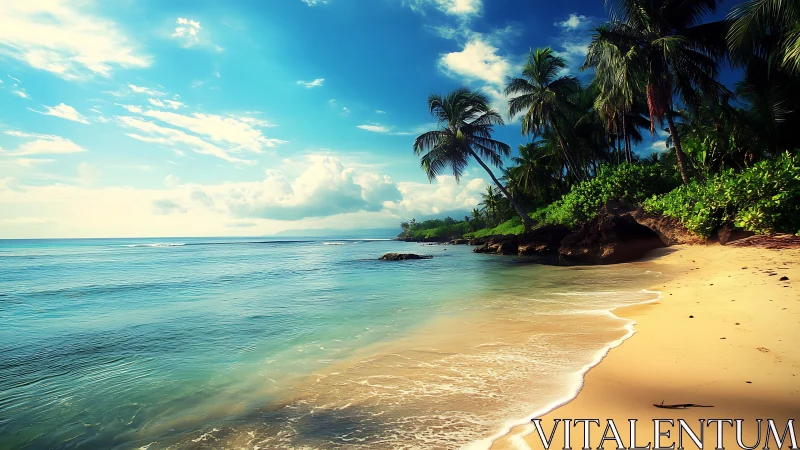 Tropical Shoreline with Palm Fronds, Turquoise Waters, Golden Beach