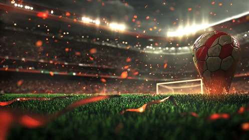 Soccer stadium field with close-up ball, net and confetti.