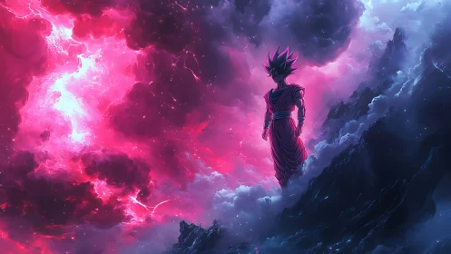 Saiyan warrior stands amid stormlit cosmic clouds