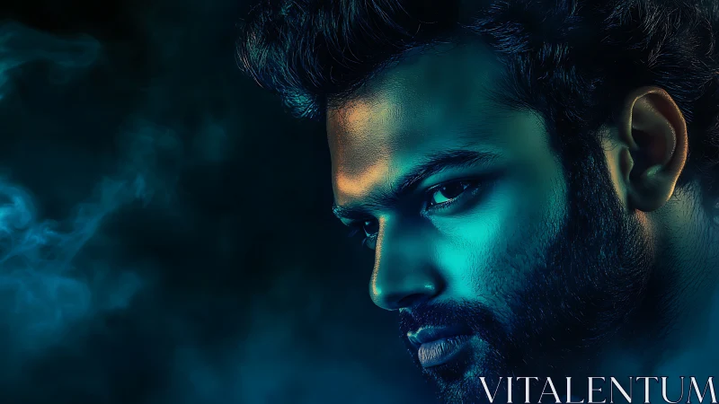 Midnight gaze in teal smoke, a cinematic brooding portrait.