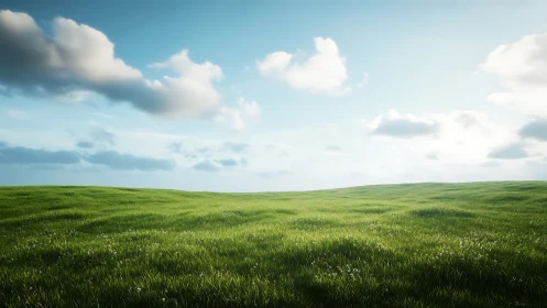 Sunlit grassy meadow under a calm, wide open sky.