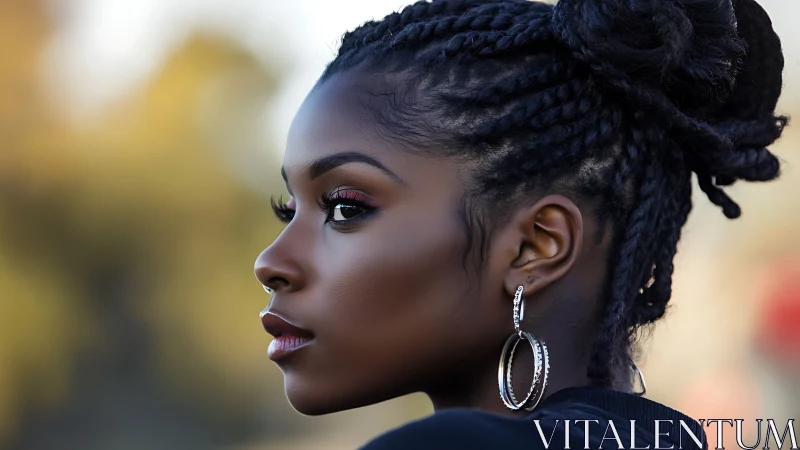 Side profile portrait with braided updo and hoop earrings outdoors
