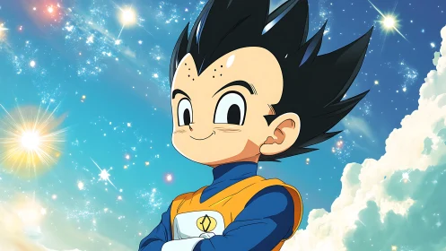 Stylized kid warrior in orange armor under luminous sky