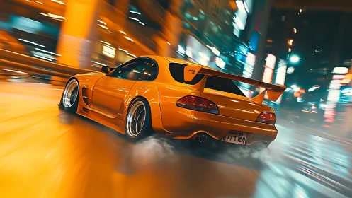Yellow drift car slices through neon city night street.