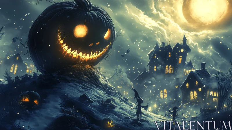 Luminous jack-o-lantern hillside overseeing spectral village at night.