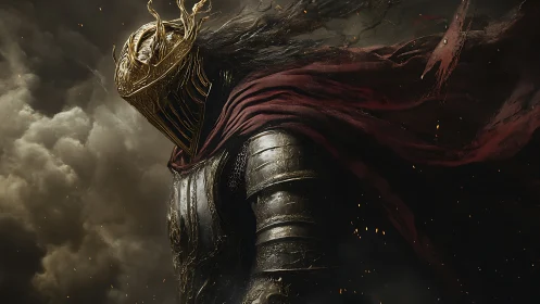 Armored dark knight under stormy sky with tattered cloak.