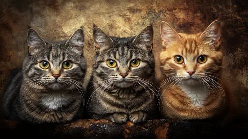 Three Noble Cats with Golden Eyes in Weathered Vintage Gaze