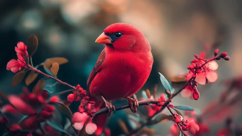 Vibrant red cardinal on flowering branch, dreamy bokeh background.