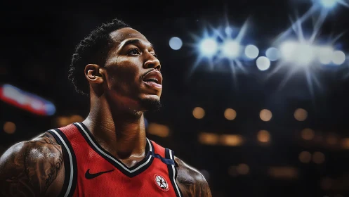 Basketball guard under arena lights in red jersey close-up