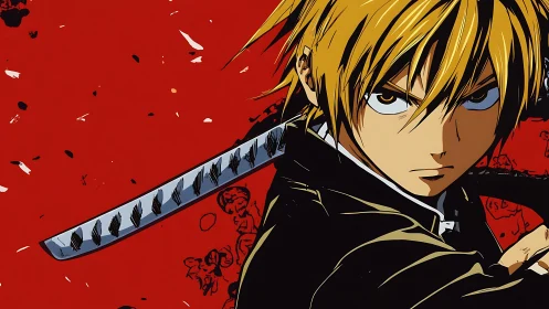 Fierce anime swordsman readies for action against red sky